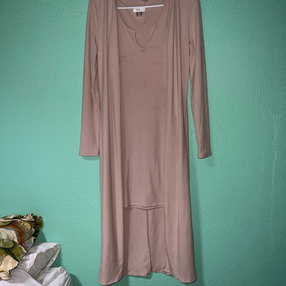 VENUS Mini Ribbed Knit Dress with Long Cardigan in Mauve
